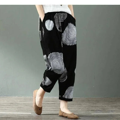Casual Wide Leg Pants Women Summer Harem Pants for Women Retro Fashion Print Loose Cotton Linen Pants Printed Ankle-Length Pants