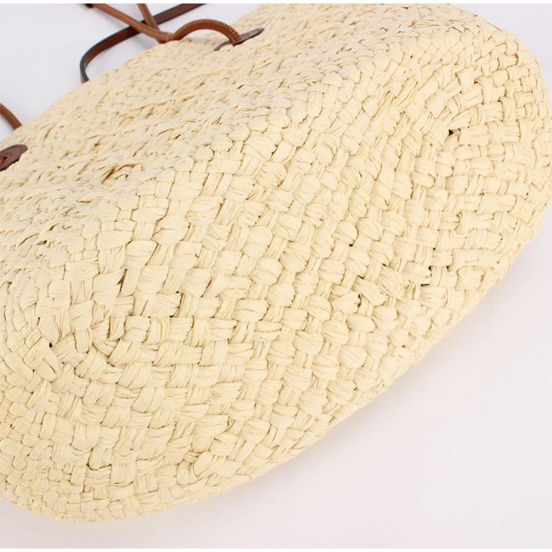 Designer Bohemian Chic Shoulder Bag,Solid Color Large Capacity Straw Woven Tote Bag,Nature-Inspired Beach Vacation Women Handbag