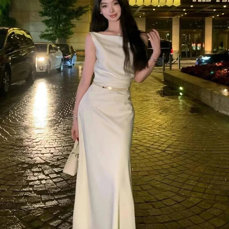 Satin Sexy Off Shoulder Dress Women Pink Skinny Elegant Soft Dress Classic Fashion Party Evening Gown Sleeveless Lady Vestidos