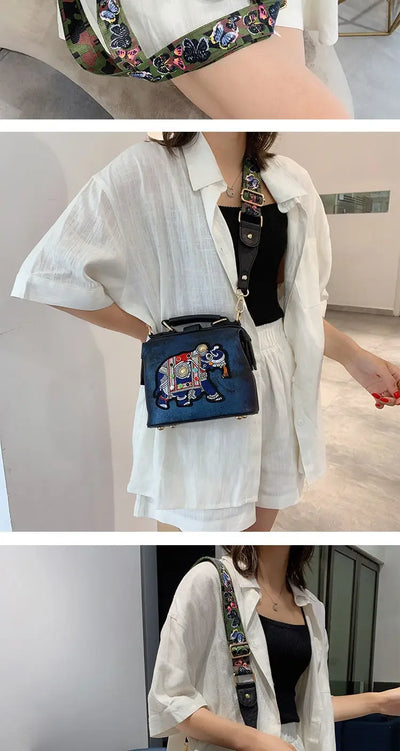 Fashion Women Leather Handbag Messenger Bag Purses Satchels Designer Luxury Handbags Crossbody Bags Elephant Embroidered Bags
