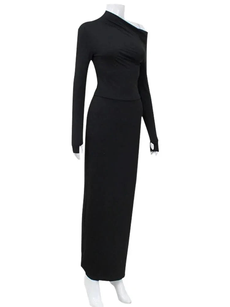 Ahagaga Sexy Club Women Tracksuits Solid Fashion Full Sleeve With Gloves Skew Collar Suit Sets Elegant 2 pieces (Tops+Skirts)