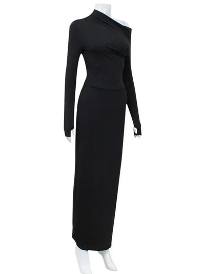 Ahagaga Sexy Club Women Tracksuits Solid Fashion Full Sleeve With Gloves Skew Collar Suit Sets Elegant 2 pieces (Tops+Skirts)