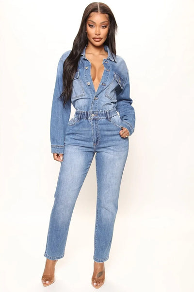Women Jeans Jumpsuits Single Breasted Solid Denim Washing Overalls Pockets High Street Button Pencil Pants Ankle Length