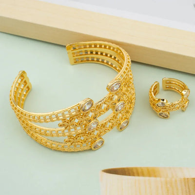 Luxury Bracelet Rings Dubai France Female 18k Gold Color Bangles For Women Bride Bangles Wedding Bracelet with Rings