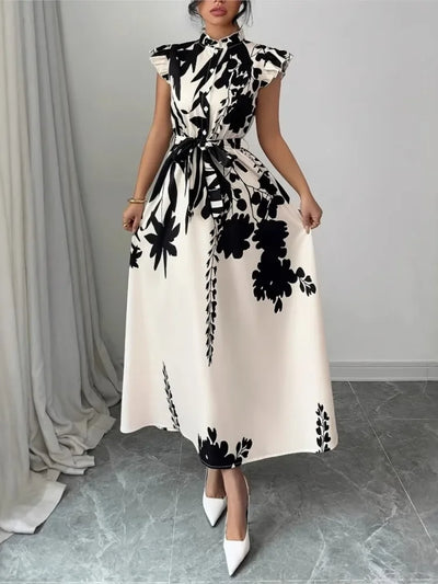 Summer Dress Women Flower Floral Print Fashion Elegant Ladies Dresses Slim High Waist Ruffle Pleated Woman Dress