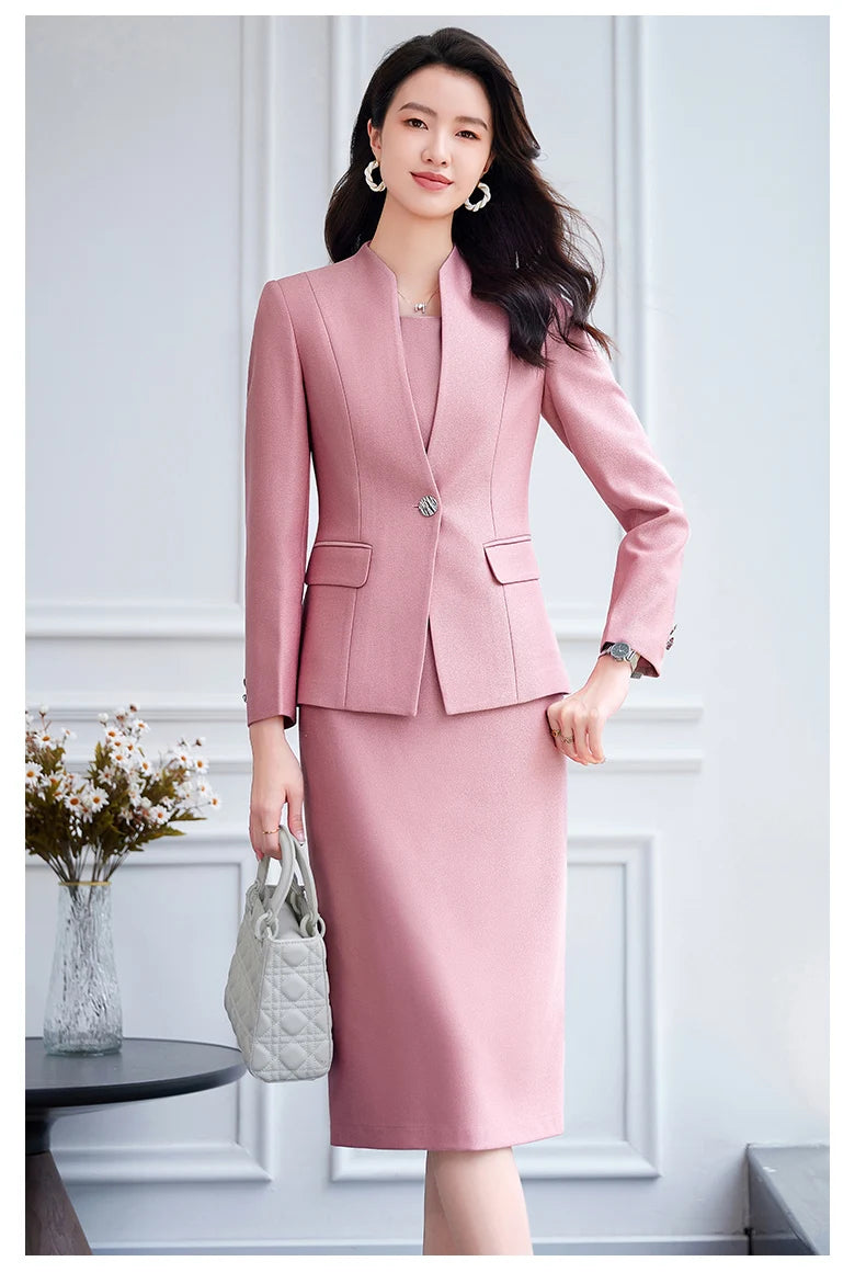 NAVIU 2025 Women Office Dress Set Monochromatic Slim Fit Suit Stand Collar Single Button Fashion New 2 Pcs Brazer and Dresses
