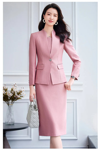 NAVIU 2025 Women Office Dress Set Monochromatic Slim Fit Suit Stand Collar Single Button Fashion New 2 Pcs Brazer and Dresses