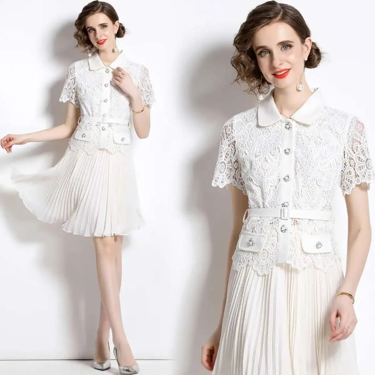 Luxury Evening Dress Women Summer Vacation Short Sleeve Pleated Lace Chiffon Long Dresses White Single Breasted Midi Party Robe