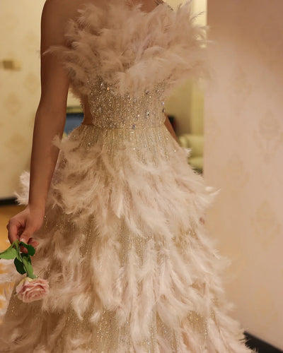 Sharon Said Luxury Dubai Feathers Princess Ball Gown Cream Evening Dress for Women Wedding Engament Party Dress SS732 Customized