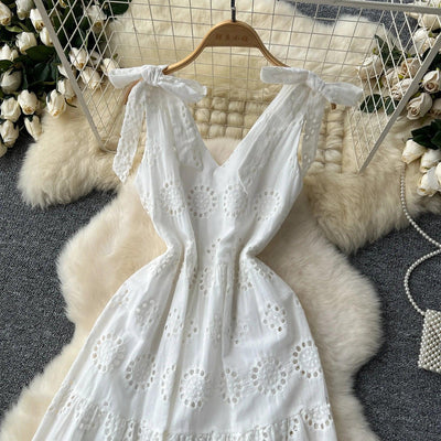 French Vintage Hollow Out Embroidery Butterfly Bow Bandage Slip Dress A-line Chic Casual Beach Vacation Women Summer Dresses