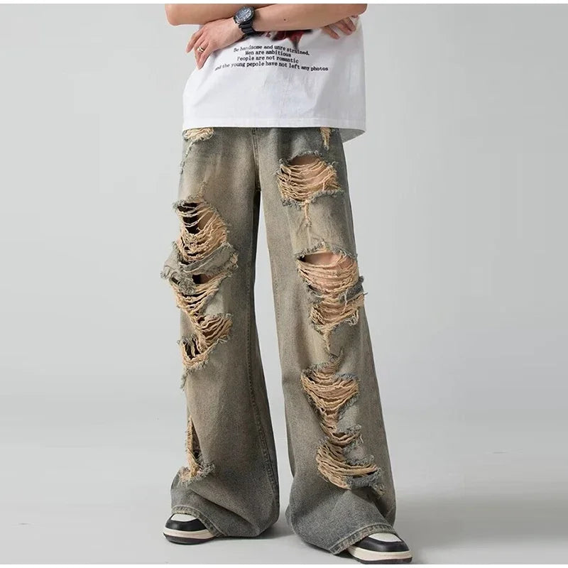Holes Ripped Jeans Pants for Man Breathable High Street Men's Denim Pants New Trendy Hole Male Summer Brand Designer Pant 2025