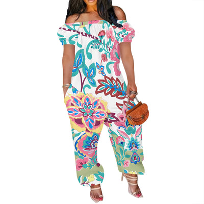 Women Sexy Off Shoulder Jumpsuit Short Sleeve  Floral Print  Romper Wide Leg Long Pants with Pockets Plus Size