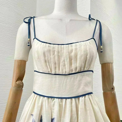 New Collection White Pleat Ruched Floral Print Sleeveless Women Midi Dress for Holiday