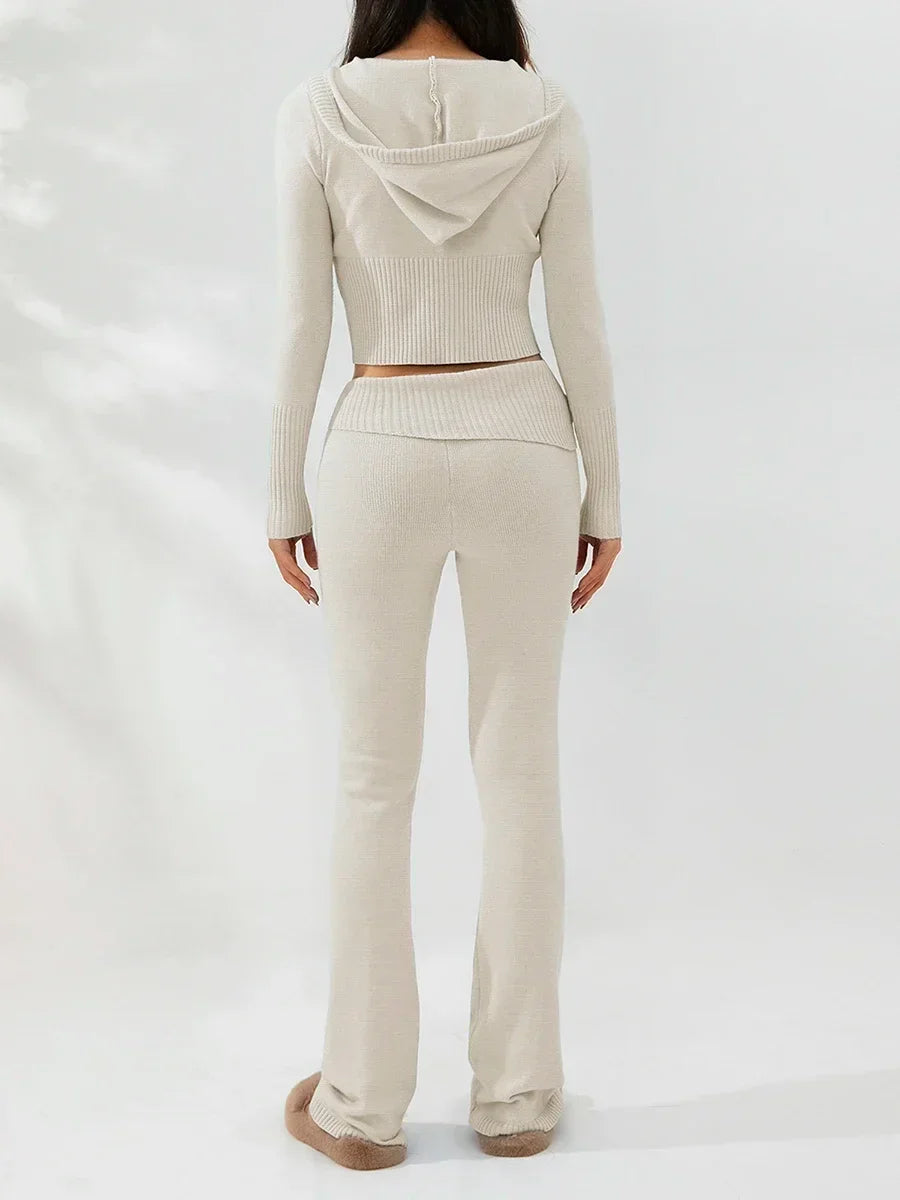 Women Tracksuit  Knit Lounge Set Long Sleeve Zip Up Hoodie with High Waist Wide Leg Pant 2 Piece Sweater Ensemble Casual Set
