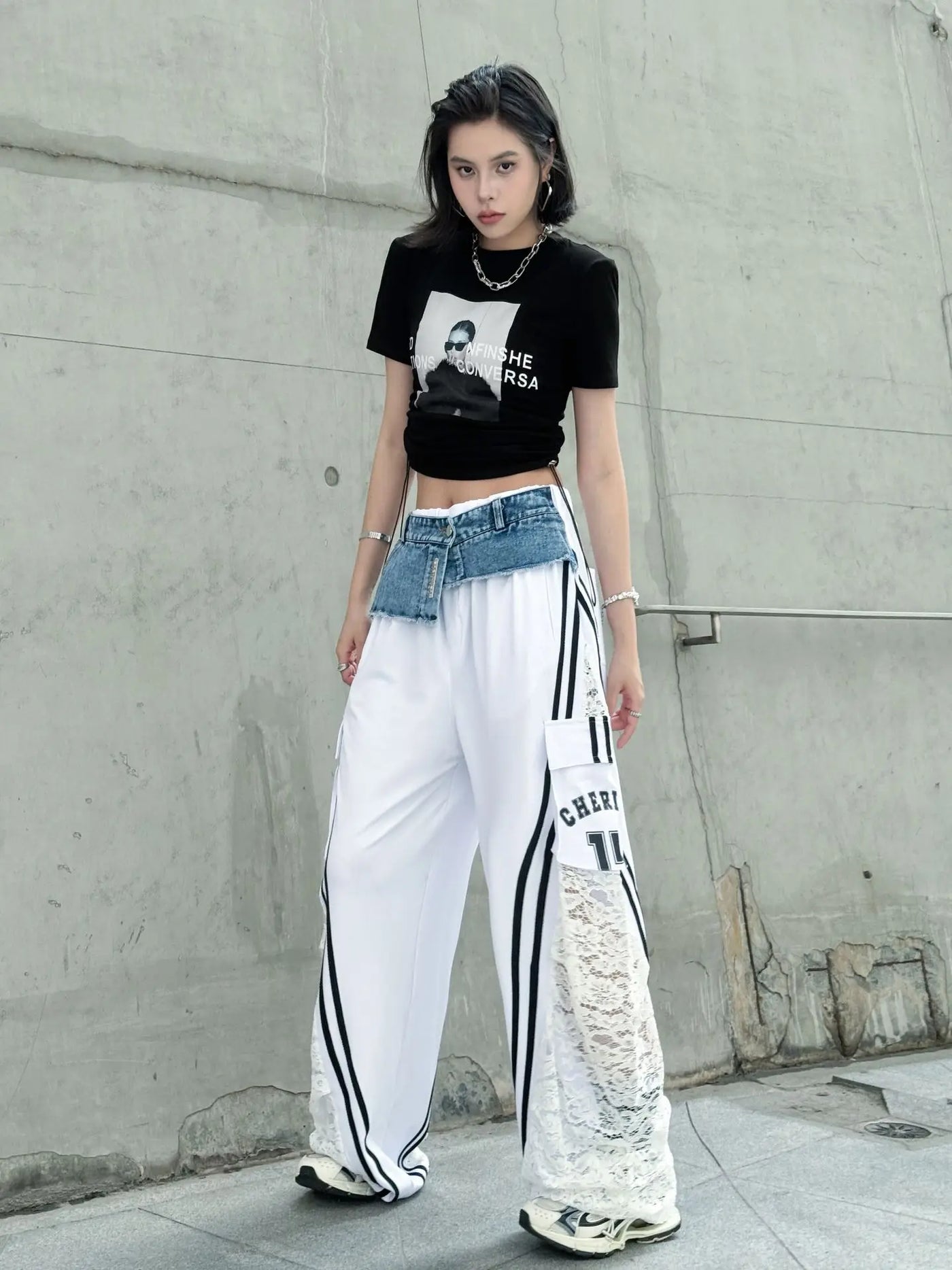 Wide Leg Pants Women Floor Length Patchwork Lace Denim Stripe Print High Waist Multiple Pockets 2025 Streetwear Cargo Trousers