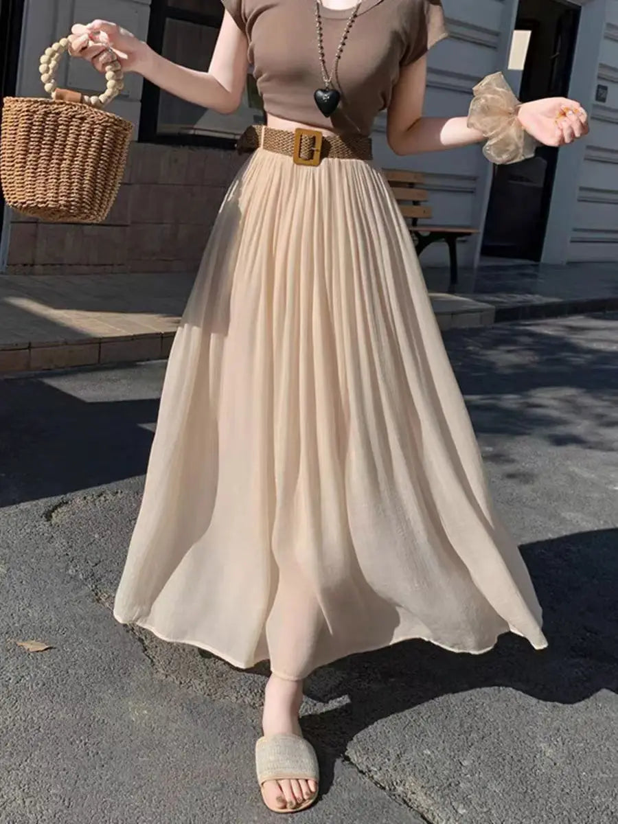 2025 New High Waisted Cotton Linen Pleated Midi Skirt – Summer Flowy A-Line Maxi Skirt for Women, Breathable & Elegant