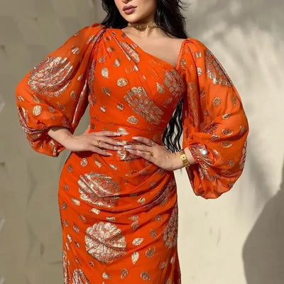 Dubai Morocco Dress for Women Chiffon Ball Gown Vestidos Lantern Sleeve Print Orange Wedding Prom Evening Dress Caftan 2023