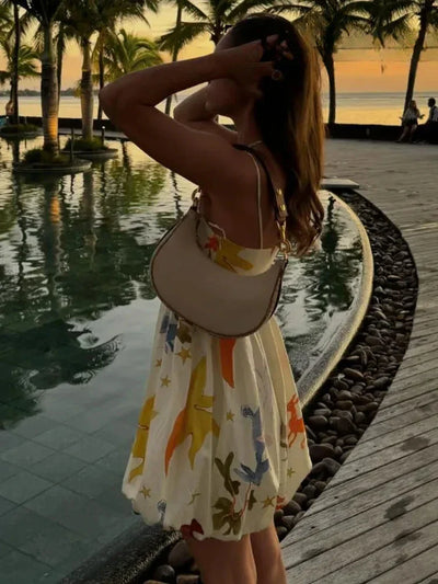 ZBZA Women's Suspender Print Dress Straight Neckline Spaghetti Straight Straps Zip Beach Mini Skirt Summer New Female Chic Dress