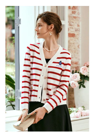 OLrain Wool Blend Striped Cardigan Women 2025 Spring Commute Embroidery V Neck Long Sleeve Chic Button Knitwear M56QZ86390