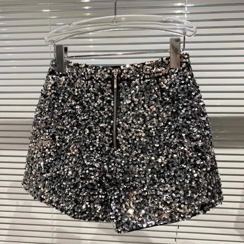 2025 New Summer Spring New Full Sequined Shiny Casual Shorts Heavy Zipper Nightclub Socialite Short Shorts Hot Pants for Women - Elanique