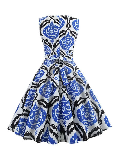 Women's Summer Sleeveless Midi Dress Green Leaf Print O-Neck Retro Vintage Party Robe Casual Elegant Female Clothing