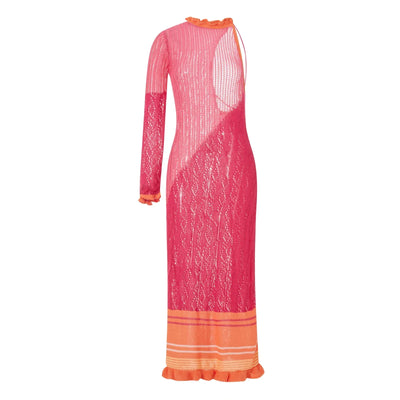 Crochet Knitted Dress for Women Contrast Hollow-Out See-Through One Shoulder Long Sleeve Beach Dress Bikini Cover-Ups