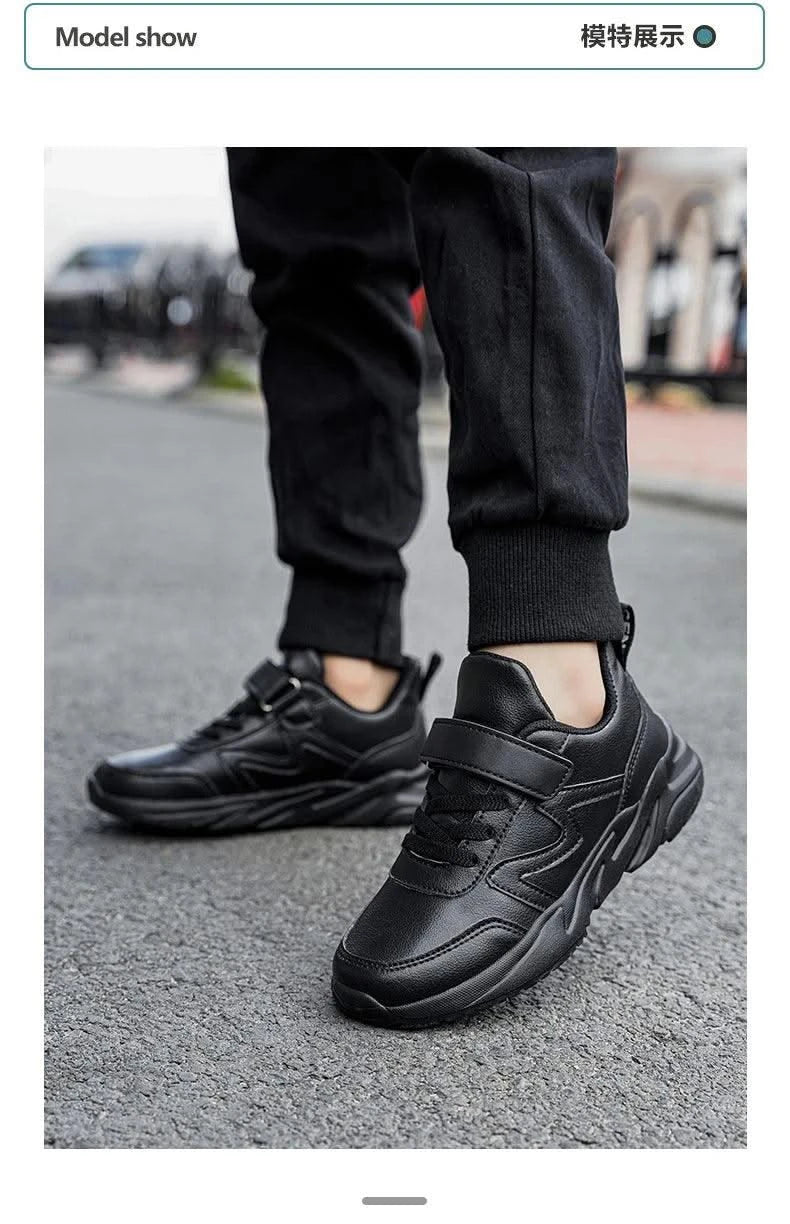 Childrens Sports Shoes for Kids Leather Black Boys Shoes Outdoor School Running Shoes Students Casual Sneakers