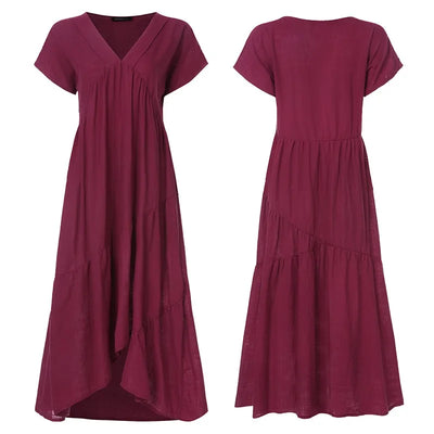 Bohemian Summer Dress for Women V Neck Vestidos Ladies Streetwear Solid Ruffle Dresses Asymmetrical Loose Robe Women Clothing