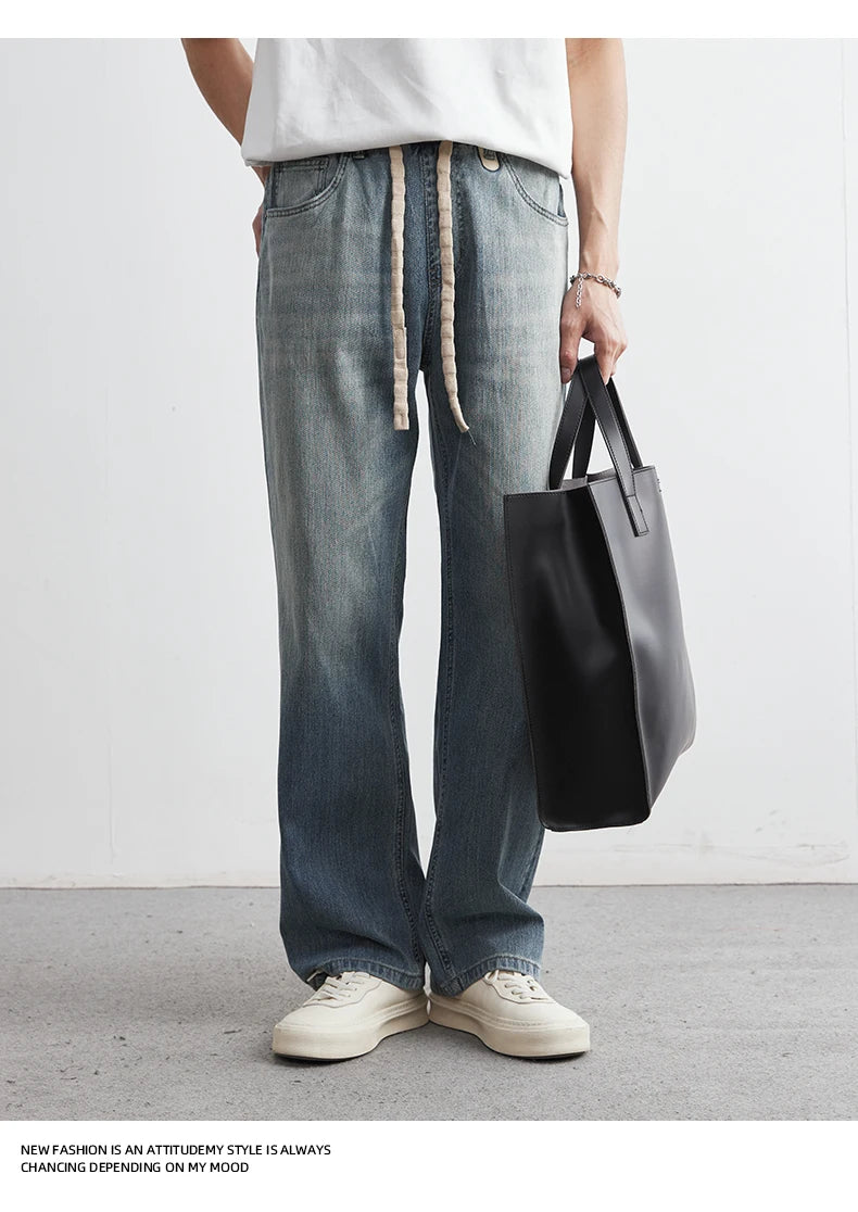 Men's Japanese Retro Jeans 2025 Summer New Fashion Personality Straight Elastic Waist Straight Jeans Loose Casual Jeans Pants