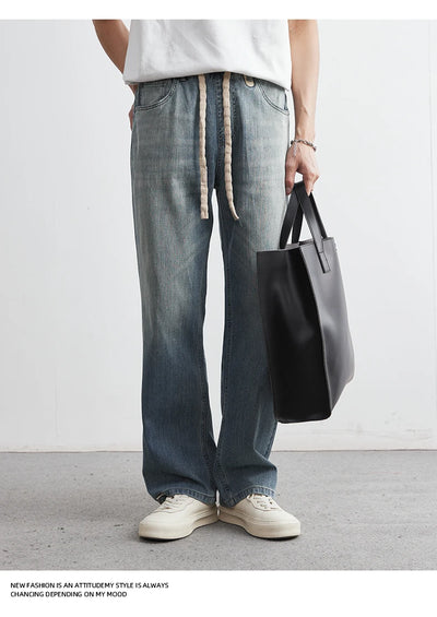 Men's Japanese Retro Jeans 2025 Summer New Fashion Personality Straight Elastic Waist Straight Jeans Loose Casual Jeans Pants