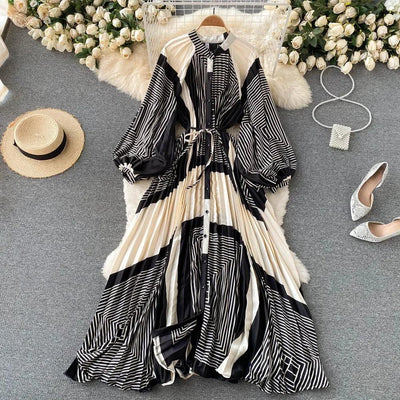 Retro Print Elegant Pleated Lace-up Chiffon Long Sleeve Dress A-line Blouse French Casual V-neck High Waist Women Summer Dresses