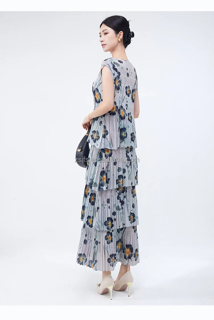Women Dresses For Summer 2025 Miyake Pleated Dress Summer Fashion Holiday Style Printed Stretch Cake Dress