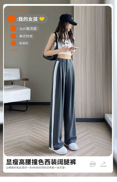 Wide-leg Pants for Women in Spring and Autumn High Waist Loose Straight Slim Striped Floor-moving Suit Pants
