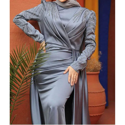 Luxury Dubai Women Evening Dresses Long Sleeve High Neck Appliques Sequine Chapel Train Pleat Gowns Formal Occasion Vestidos