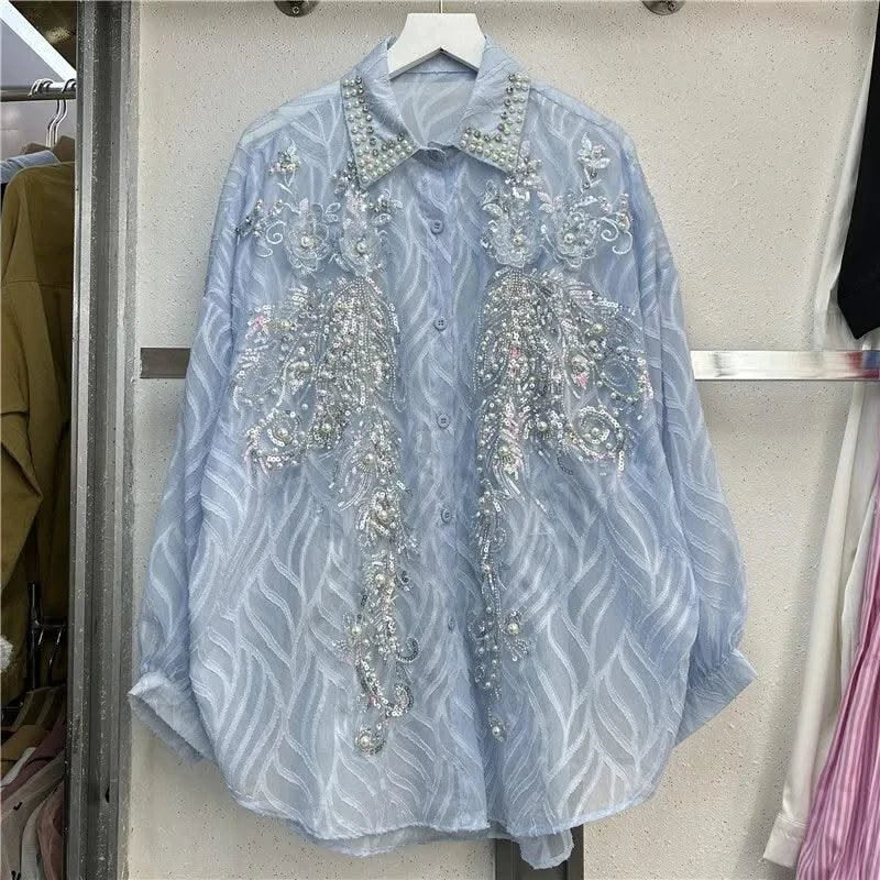 WTHT New Trendy Women's Sequins Diamonds Bows Lace Shirt 2025 Spring Fashion Lapel Long Sleeves Loose Blouse Female 1LS740