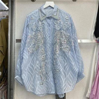 WTHT New Trendy Women's Sequins Diamonds Bows Lace Shirt 2025 Spring Fashion Lapel Long Sleeves Loose Blouse Female 1LS740