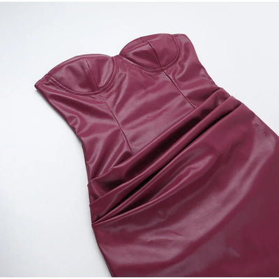 Sexy Pu Leather Women Maxi Dresses Fashion Sleeveless Backless Pleated Hip Package Female Robe Chic Ladies Party Evening Dress