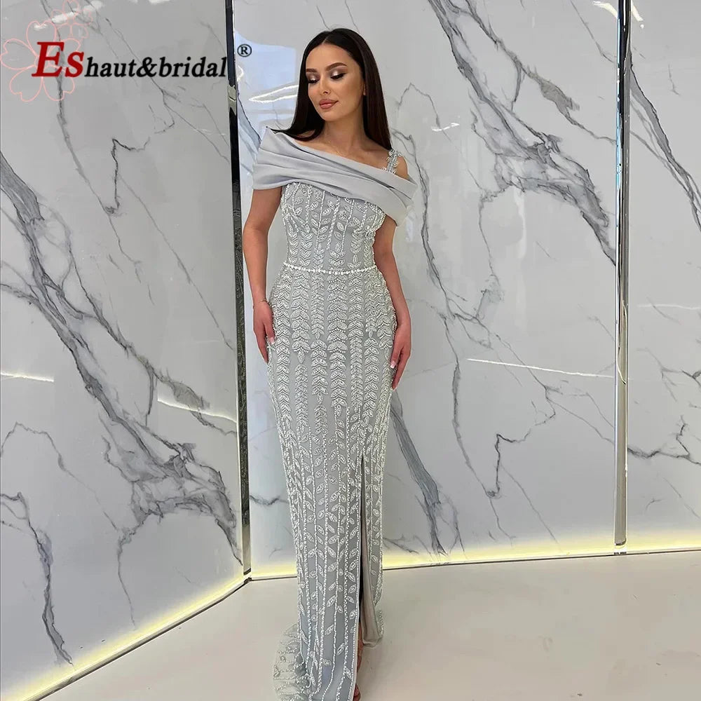 Luxury Dubai Off the Shoulder Evening Dress for Women 2025 Elegant Beads Slit Mermaid Formal Wedding Prom Party Gown Customized