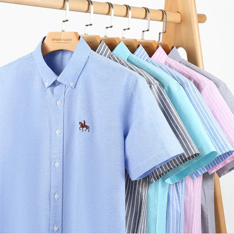 Oversized 5XL 6XL Oxford Shirts For Men 100% Cotton Short Sleeve Summer Leisure Striped Office Social Formal Blue Man Clothing