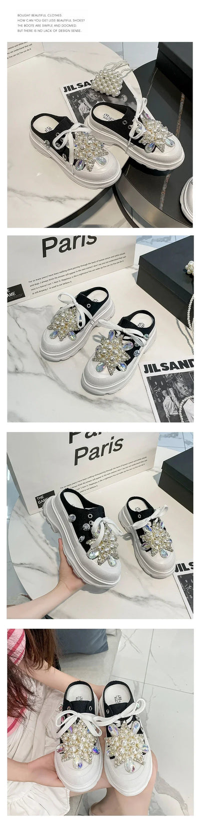 Spring New Women Sneakers Slipper Designer Platform Mules Flat Sandal Sweet Casual Lace Up Pearl Crystal Shallow Ladies Shoes