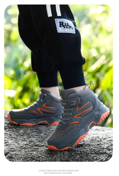 New Boys' Sports Shoes Non-slip School Children's Leather Breathable Running Black Fashion Hiking Shoes Sneaker Size 29-40