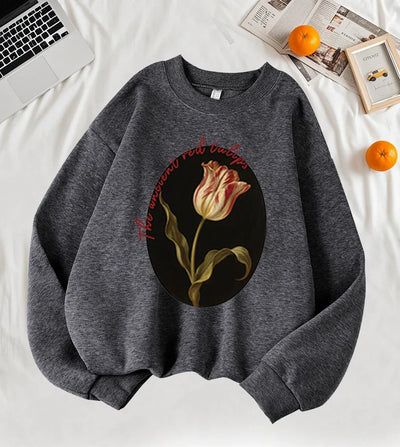The Ancient Red Twlipws Design Women Sweatshirt Soft Warm Tops Fleece All-Match Pullover Crewneck Casual Sportswear For Woman