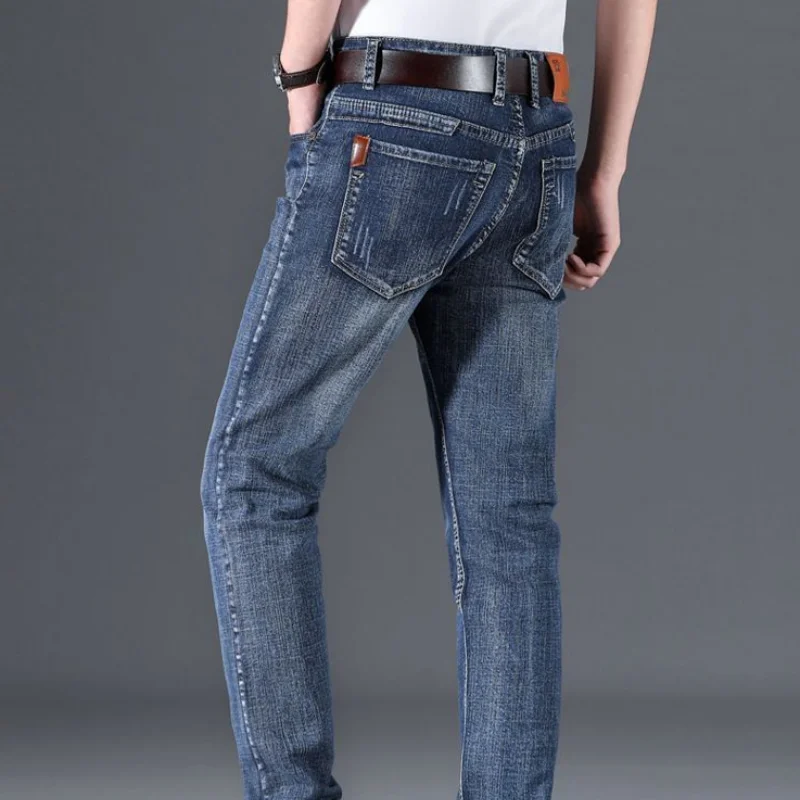 Mens Denim Pants Spring Casual Business Straight Fit Loose Elasticated Jeans Stylish Comfortable Pants for Work and Daily Wear