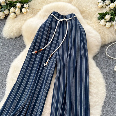 Pant Women Wide Leg Long Pants Striped Casual Loose High Waist Straight Trousers Y2k Streetwear Elegant Splice Work 2025 Capris
