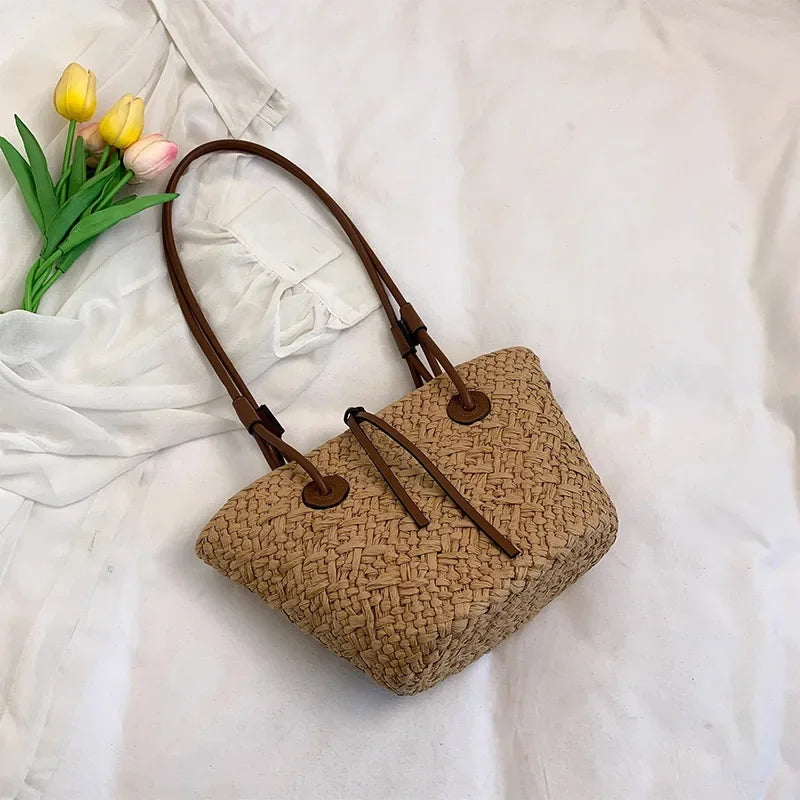 Designer Bohemian Chic Shoulder Bag,Solid Color Large Capacity Straw Woven Tote Bag,Nature-Inspired Beach Vacation Women Handbag