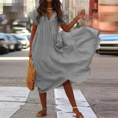 Cotton Linen Sexy V-neck Short Dress Summer New Women's Solid Color Multi-color Casual Loose Short Sleeved Mid Length Dress