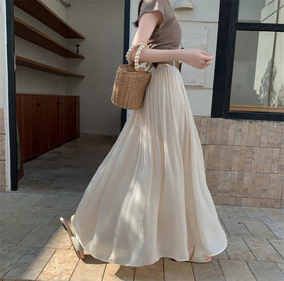 2025 New High Waisted Cotton Linen Pleated Midi Skirt – Summer Flowy A-Line Maxi Skirt for Women, Breathable & Elegant