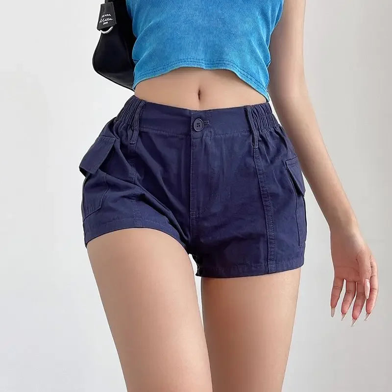 Short Pants Woman Cargo Micro Mini with Pockets Elastic Waist Flowy Harajuku Shorts for Women Fashion To Wear Youthful Elasticty