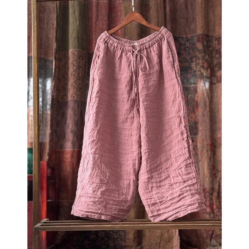 Women Cotton Linen Natural Fabric Pants Femme Elastic Waist Drawstring Summer Fashion Japanese Casual Pants Wide Leg Trousers