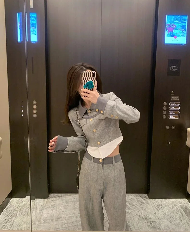 Trousers Woman Office Grey Wear To Work Top and Pant Sets for Women 2 Pieces Professional Spring Autumn Korean Style Luxury Full